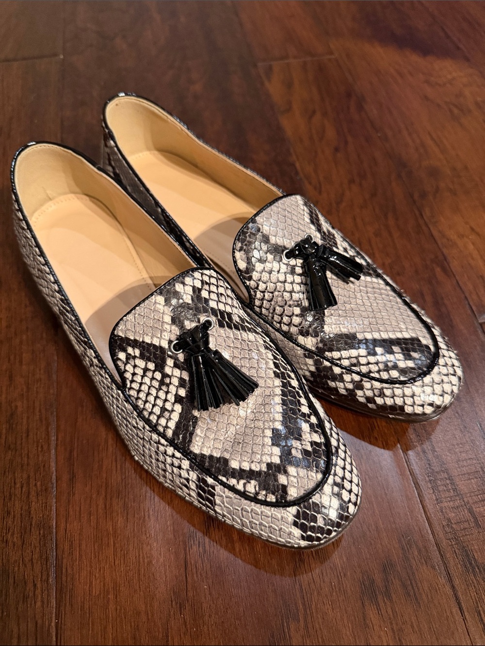 J. Crew Black and White Snake-Print Tassel Loafers